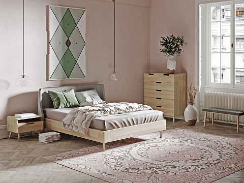 Кровать в стиле минимализм Lagom Side Wood - Оригинальная кровать без встроенного основания из массива сосны с мягкими элементами.